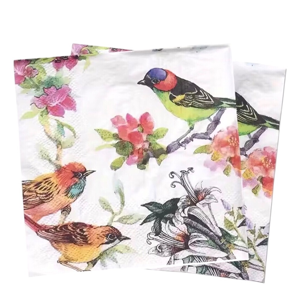 Set of Two (2) INDIVIDUAL Birds on Floral Branches Cocktail Size Napkins